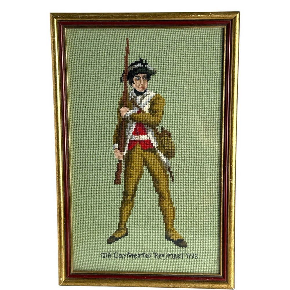 Framed Revolutionary War Soldier Needlepoint 1776 Colonial Rifleman Wall Art